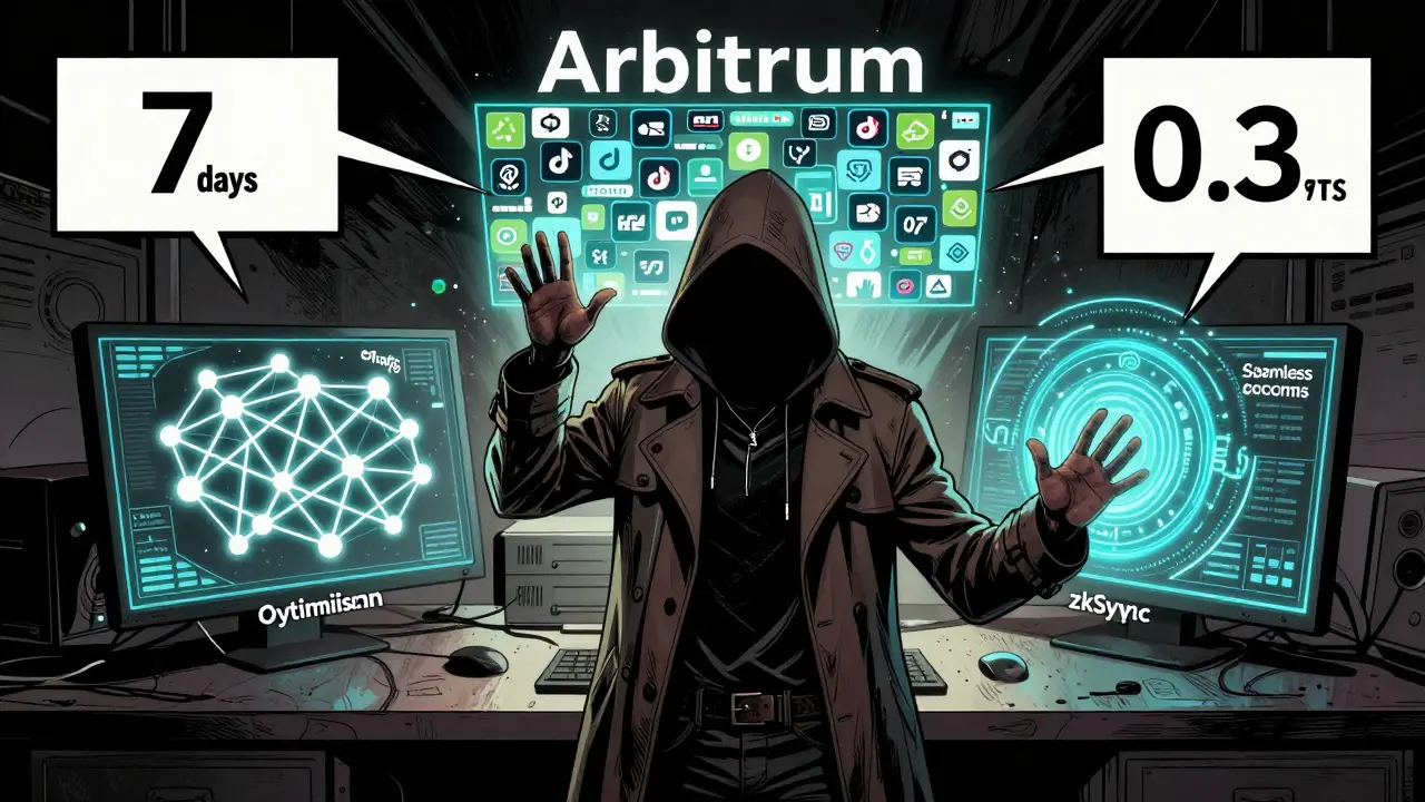 Хакер выбирает между Arbitrum, Optimism и zkSync у терминала с разными технологиями.