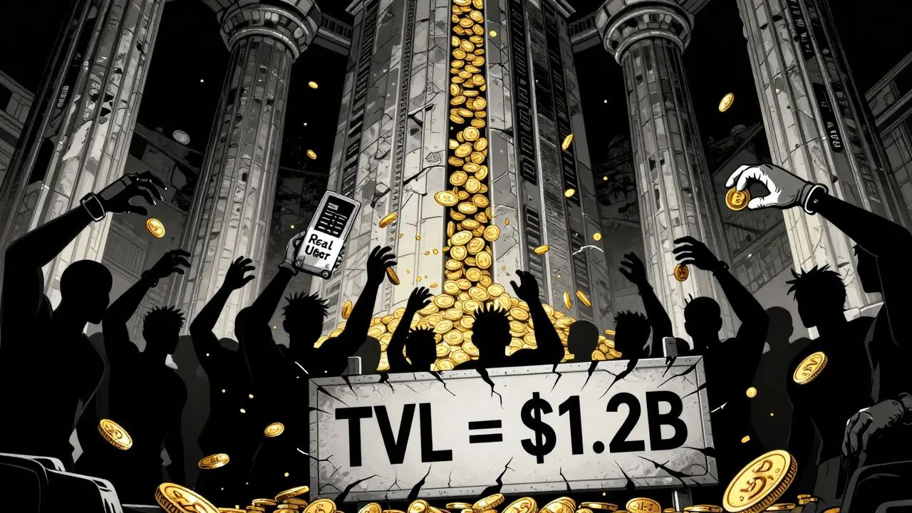 Храм DeFi с золотыми монетами, где настоящие пользователи кладут деньги, а боты сыплют мелочь.