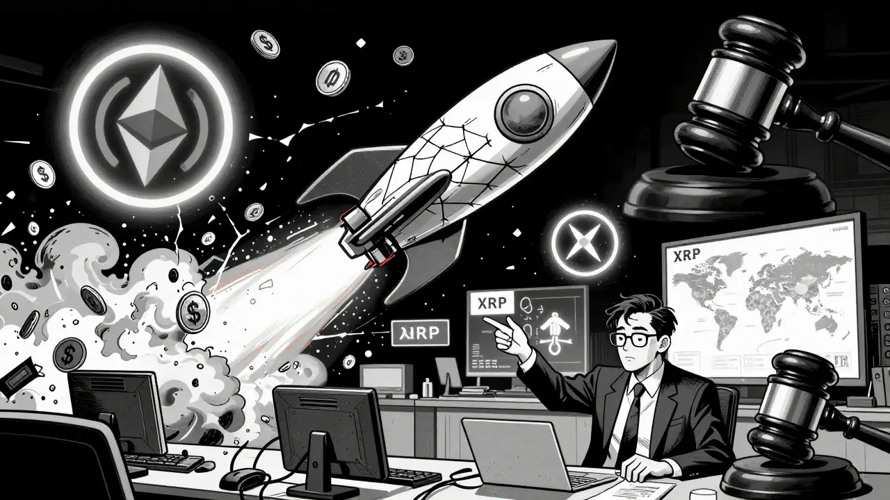 Ракета Solana с трещинами взлетает над банкиром, отправляющим XRP, вокруг — разрушающиеся L2-порталы и силуэт SEC.