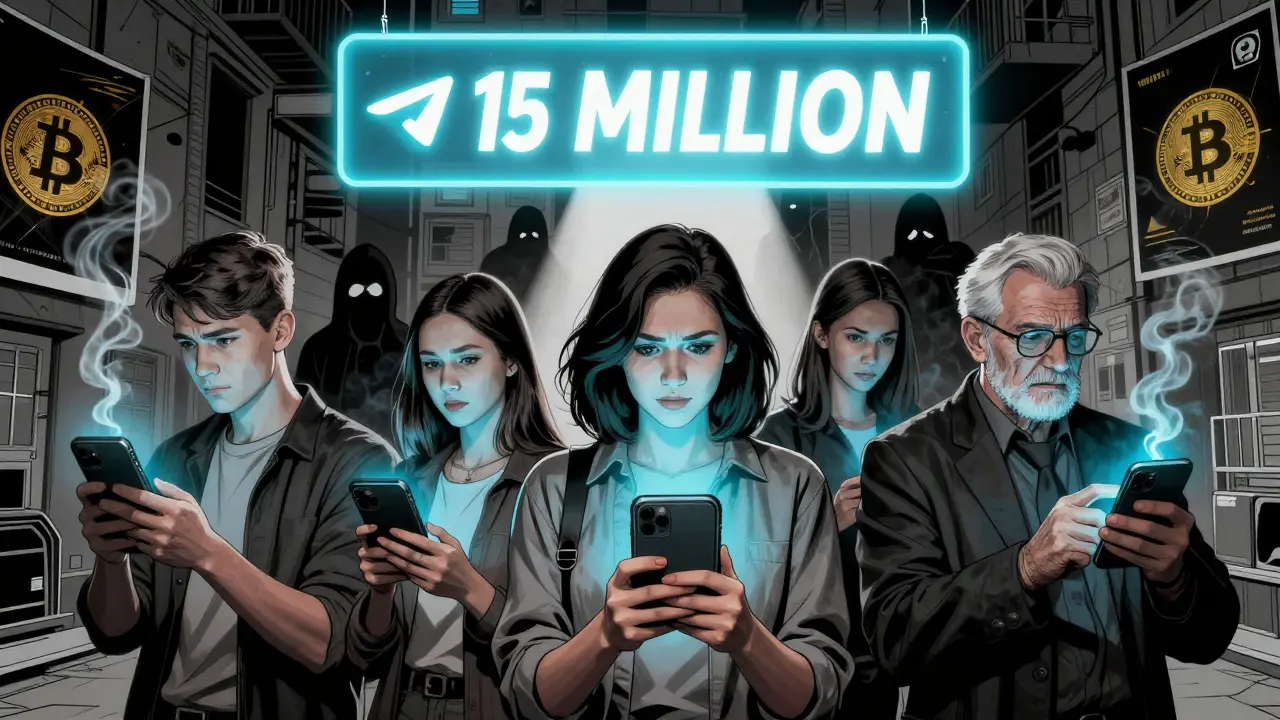 Россияне держат аппаратные кошельки, свет от телефонов освещает их лица, фишинговые атаки тают в тени.