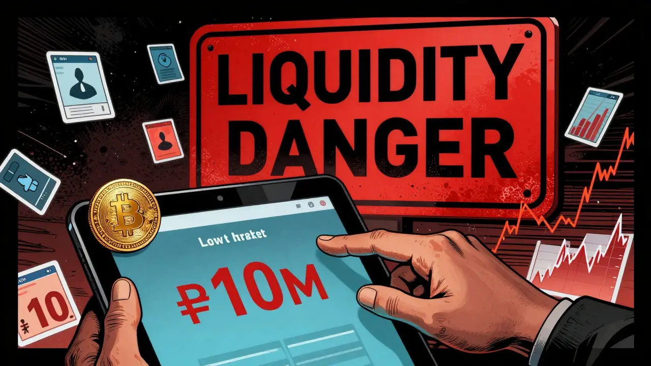 Рука указывает на мелкую криптовалюту с предупреждением 'ОПАСНОСТЬ ЛИКВИДНОСТИ', вокруг — графики и цифры.