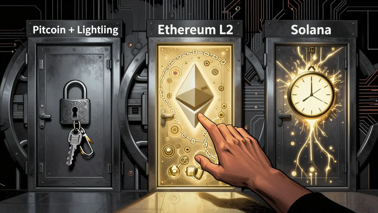 Три двери в хранилище: Bitcoin с замком, Ethereum с цепями, Solana с искрами — рука тянется к Ethereum, за спиной — слияние сетей.