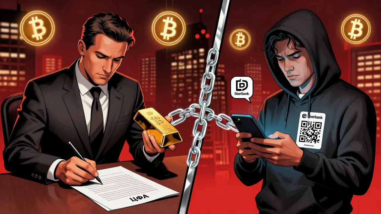 Банкир и фрилансер соединены блокчейном: один держит золото, другой получает USDT на телефоне.