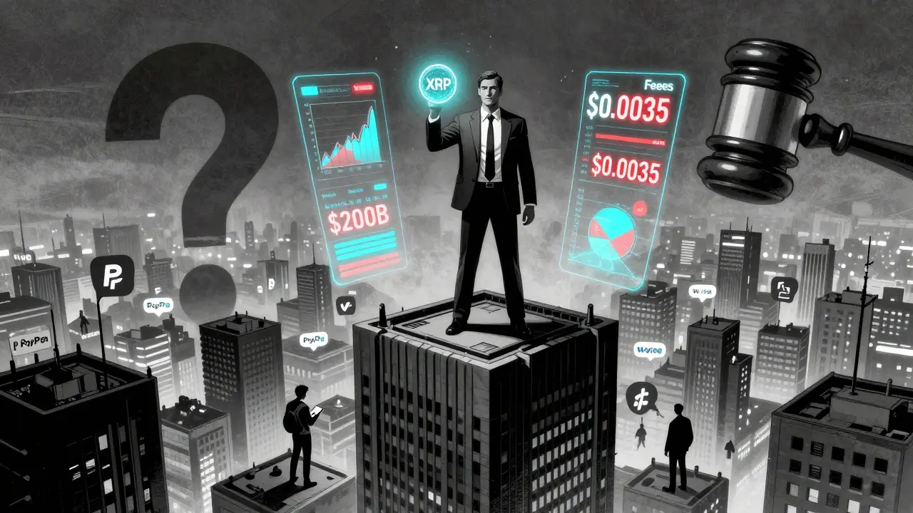 Банкир на крыше в Москве держит XRP, вокруг — голографические цифры, а внизу люди используют PayPal — всё в стиле Sin City.