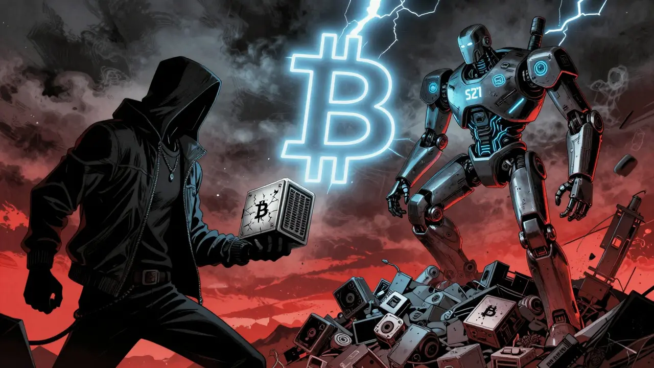 Биткоин-майнер с устаревшим оборудованием сражается с роботом-майнером нового поколения на фоне горы сломанных машин.