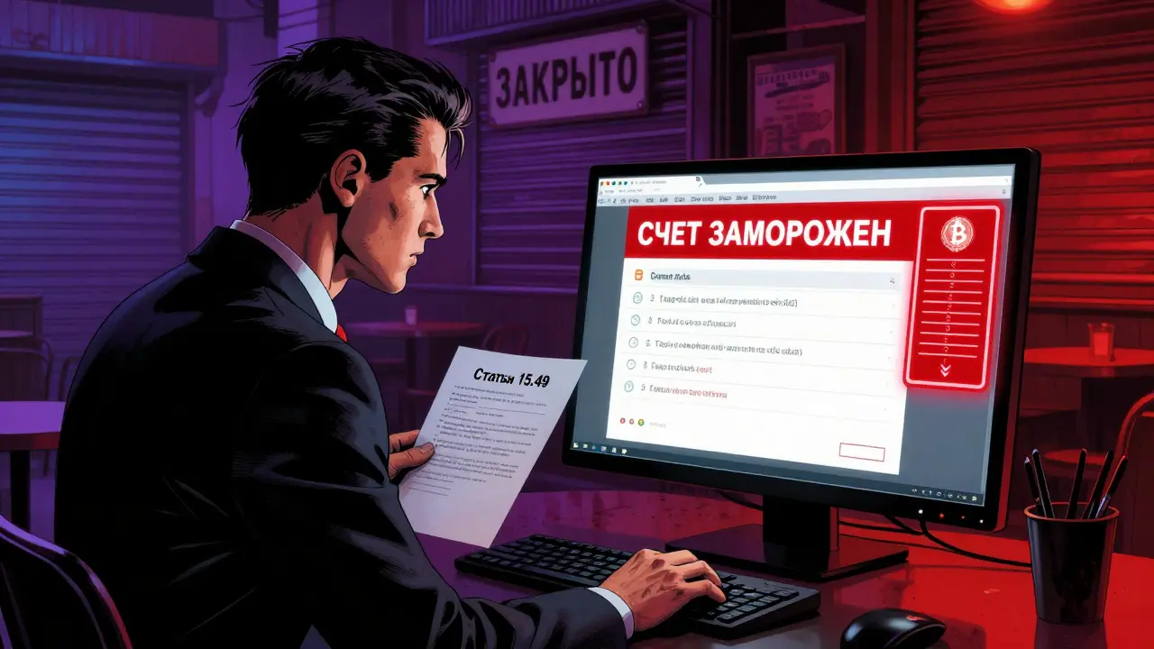 Бизнесмен смотрит на уведомление о блокировке счета, на экране — транзакция в криптовалюте.