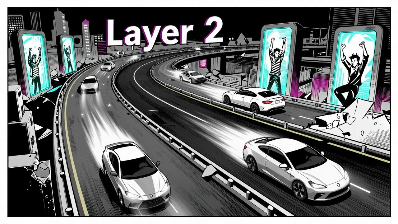 Быстрая магистраль Layer 2 над разрушающимся Layer 1, символы Arbitrum и zkSync как машины, стиль Sin City.