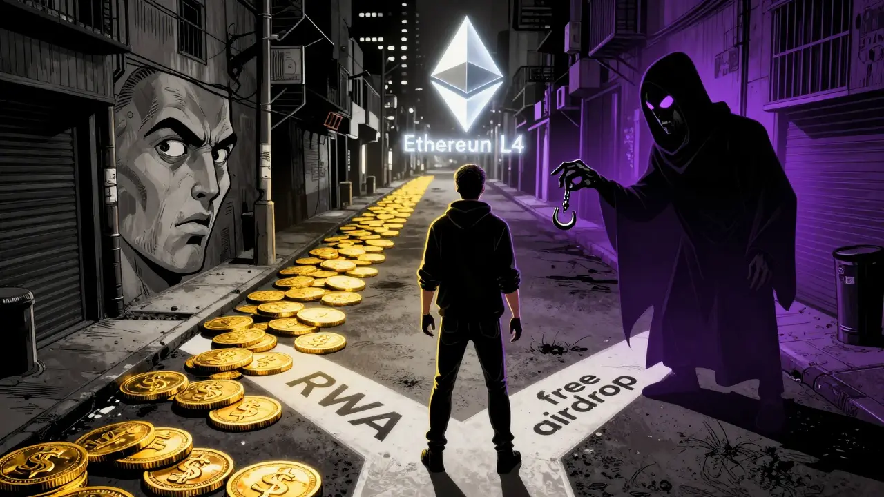 Человек на перекрёстке: один путь — токенизированные активы, другой — мошенник с ловушкой для эйрдропа.