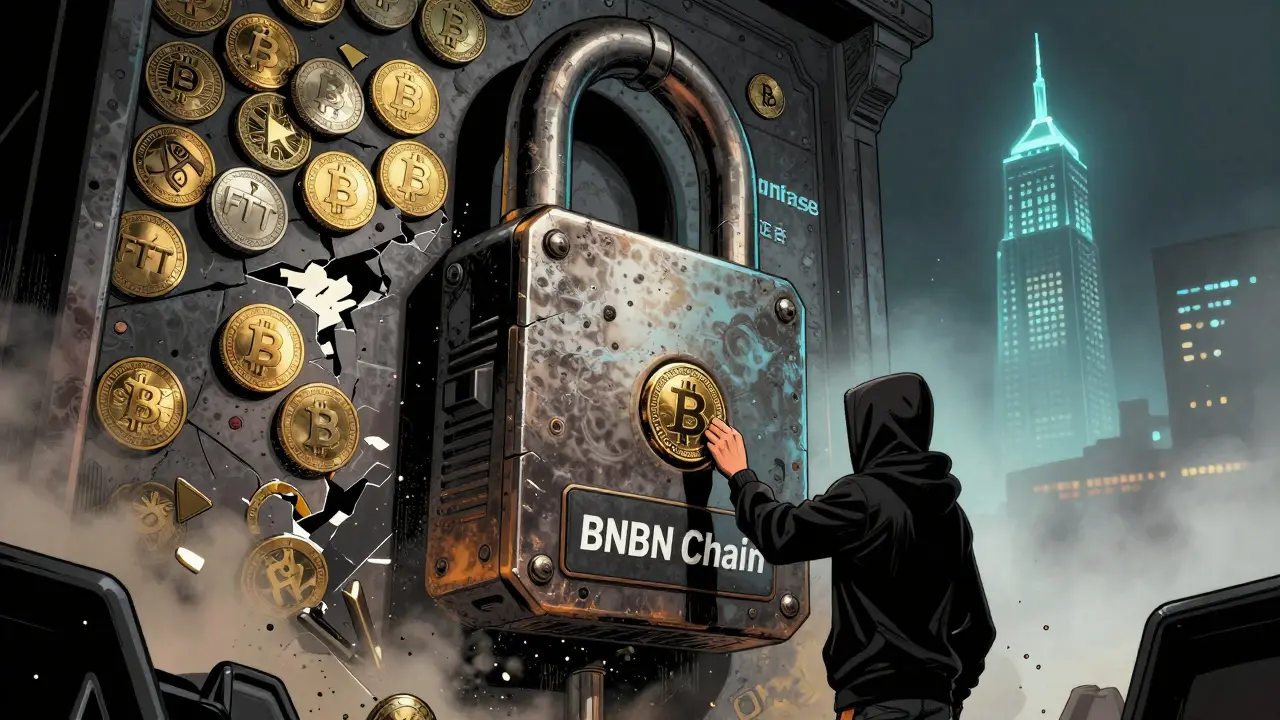 Человек вставляет BNB в замок, токены FTT и CRO разрушаются, вдалеке — Coinbase и Kraken, стиль Sin City.