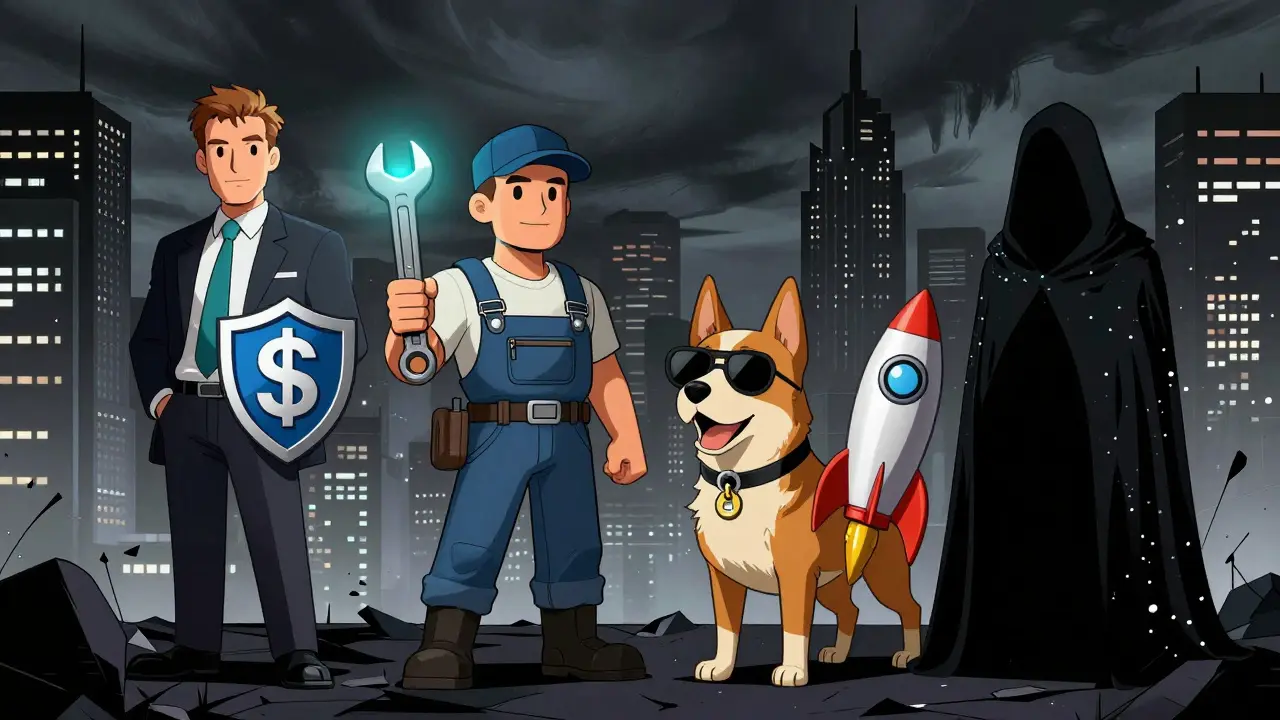 Четыре персонажа, олицетворяющие типы альткоинов, в стиле комикса