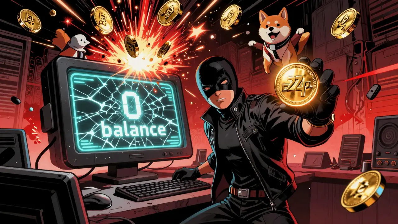 Герой уворачивается от взрывающихся мемкоинов, держа в руке ERC-20 токен, позади — разбитый кошелёк.