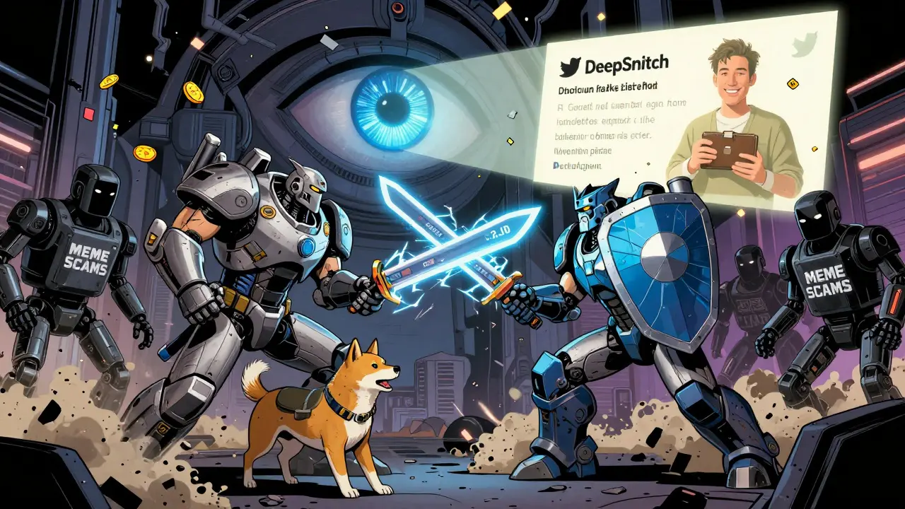Гигантские бойцы Doge 2.0 и Shiba 2.0 сражаются с теневыми скам-ботами, над ними — ИИ-глаз с анализом трендов.
