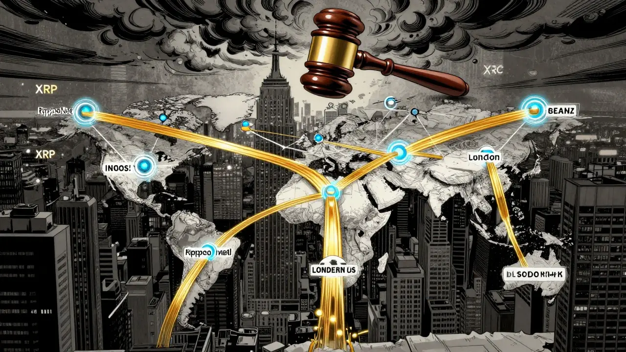 Глобальная сеть RippleNet, где XRP течёт как река между банками, а над ней висит грозовый жезл SEC.