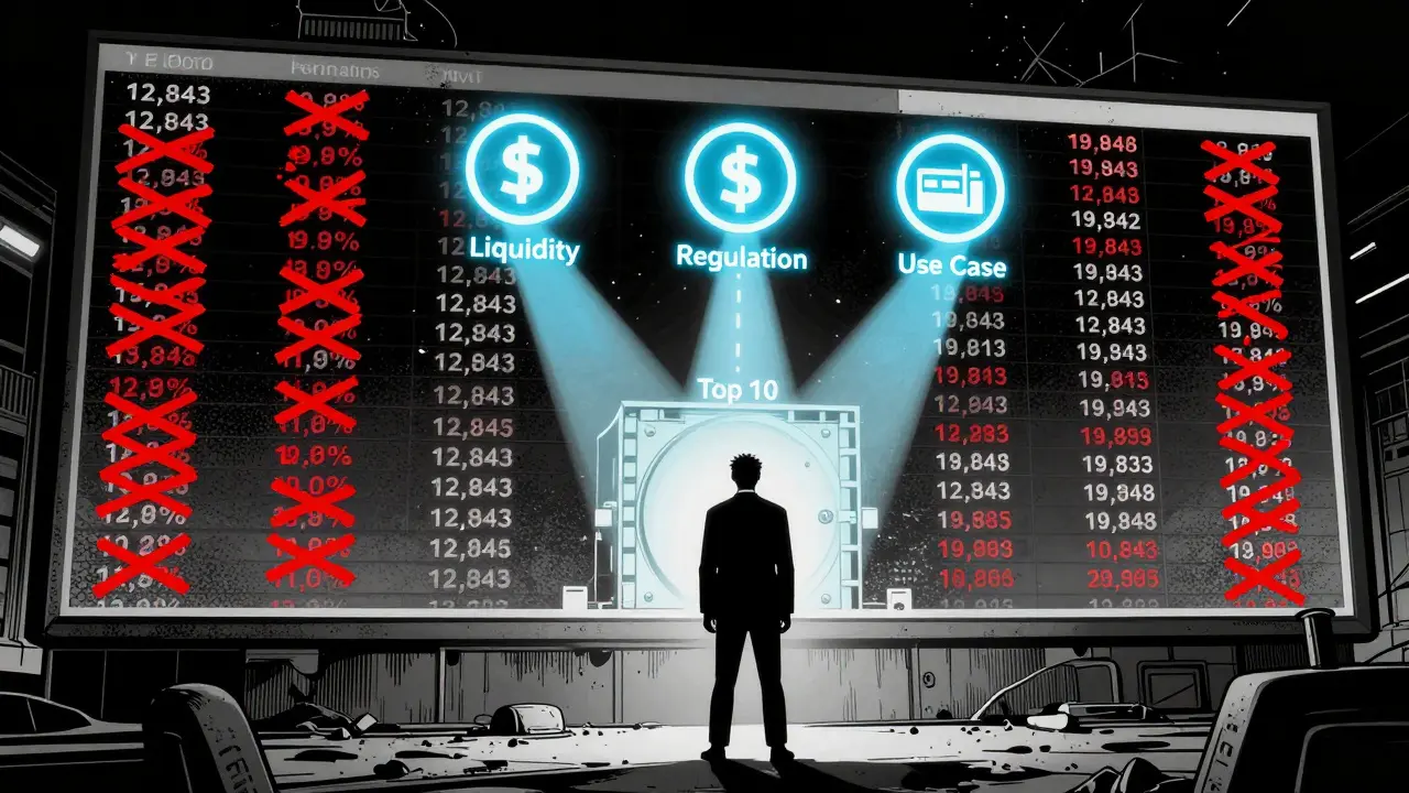 Инвестор перед голографической панелью, где почти все криптовалюты зачеркнуты, а путь ведёт к топ-10.