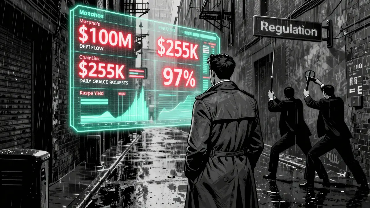 Инвестор смотрит на голографические данные о выручке криптовалют, в тени — фигуры регуляторов.