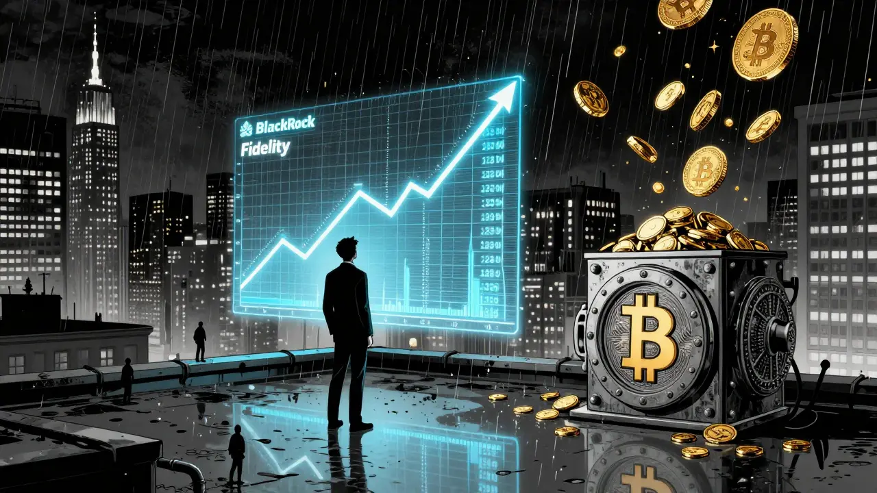 Инвестор смотрит на голографический график роста биткоина, над городом — силуэты крупных фондов, льющих золото в сейф.