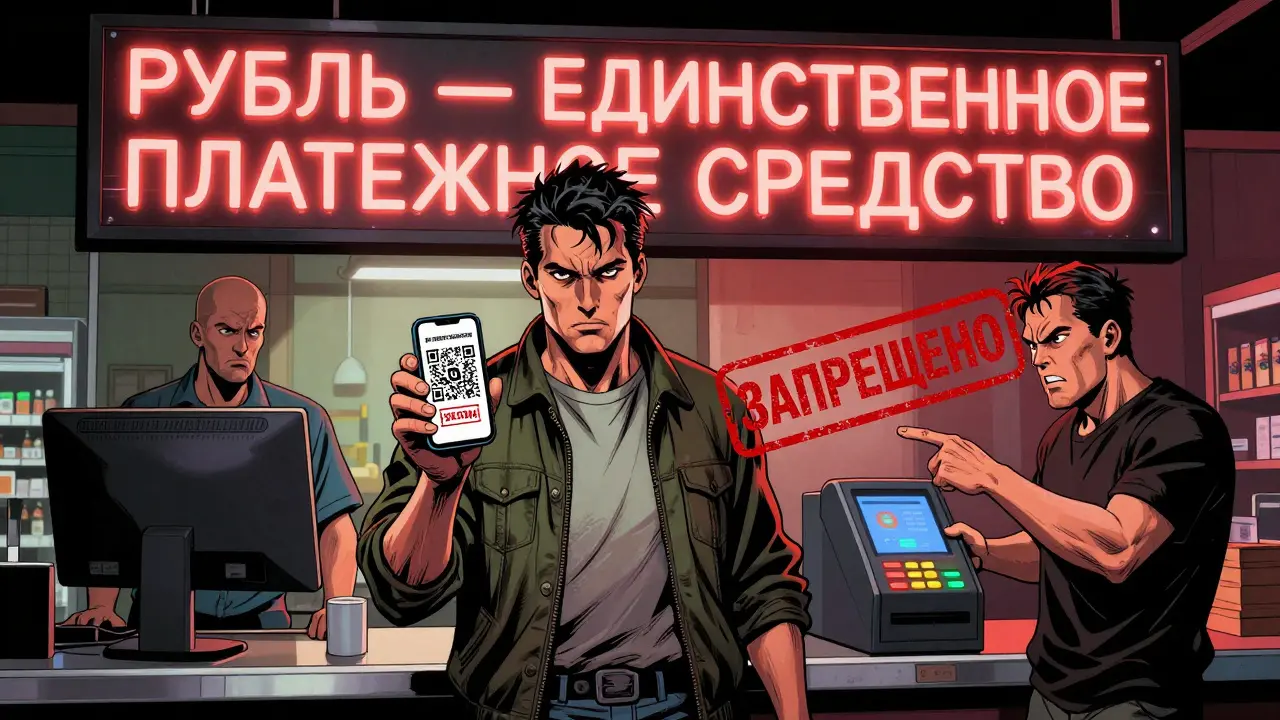 Мужчина пытается расплатиться биткоином в магазине, кассир указывает на запрет.