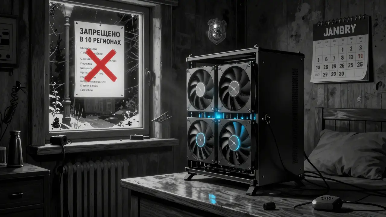 Один майнер в спальне, за окном — запрещающая табличка для 10 регионов России.