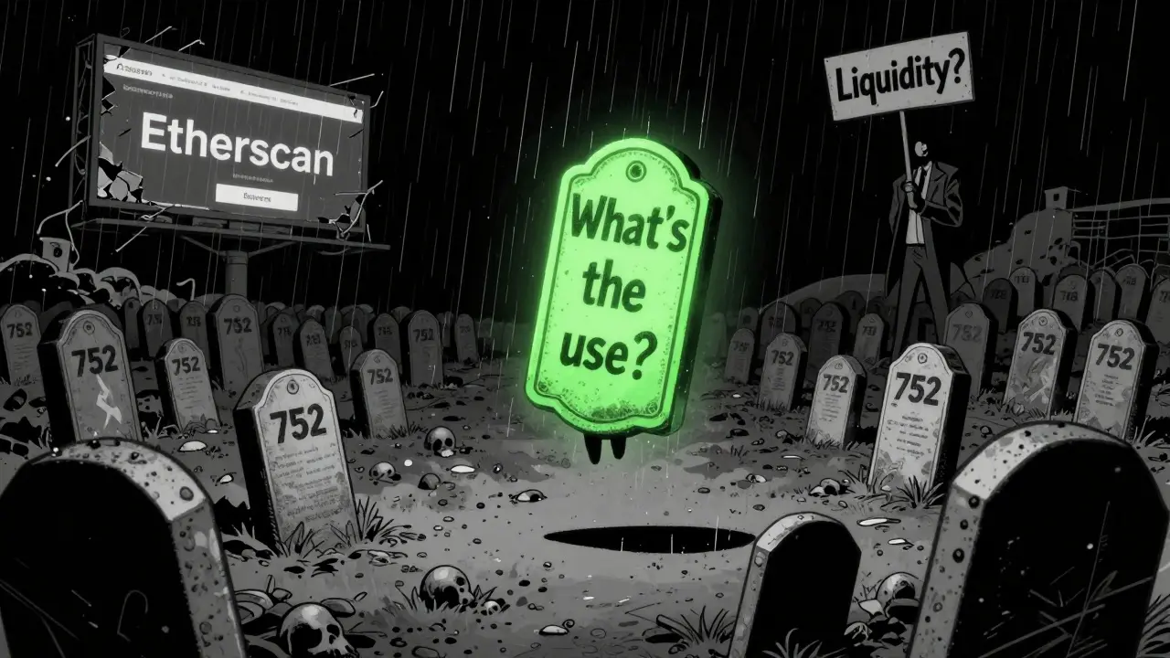 Одинокий токен среди тысяч мертвых, тени и надпись 'Что в этом смысл?' — похоронное поле криптовалют