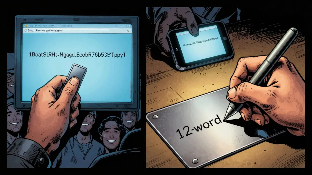 Разделённая сцена: одна рука делится адресом, другая записывает seed-фразу на металле — безопасность против риска.