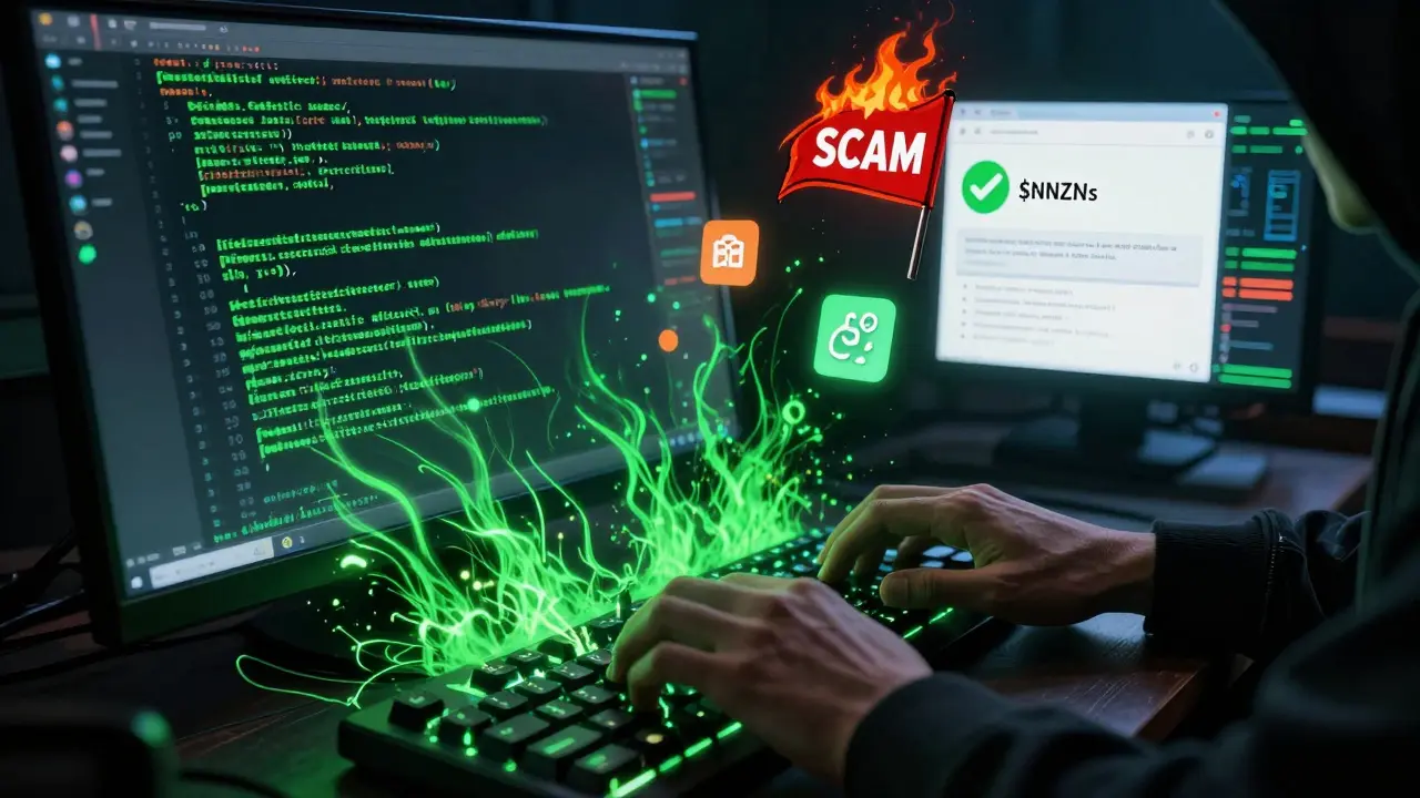 Руки хакера за клавиатурой, код и предупреждения о скаме на экране, вокруг — стейкинг и ИИ-графики.