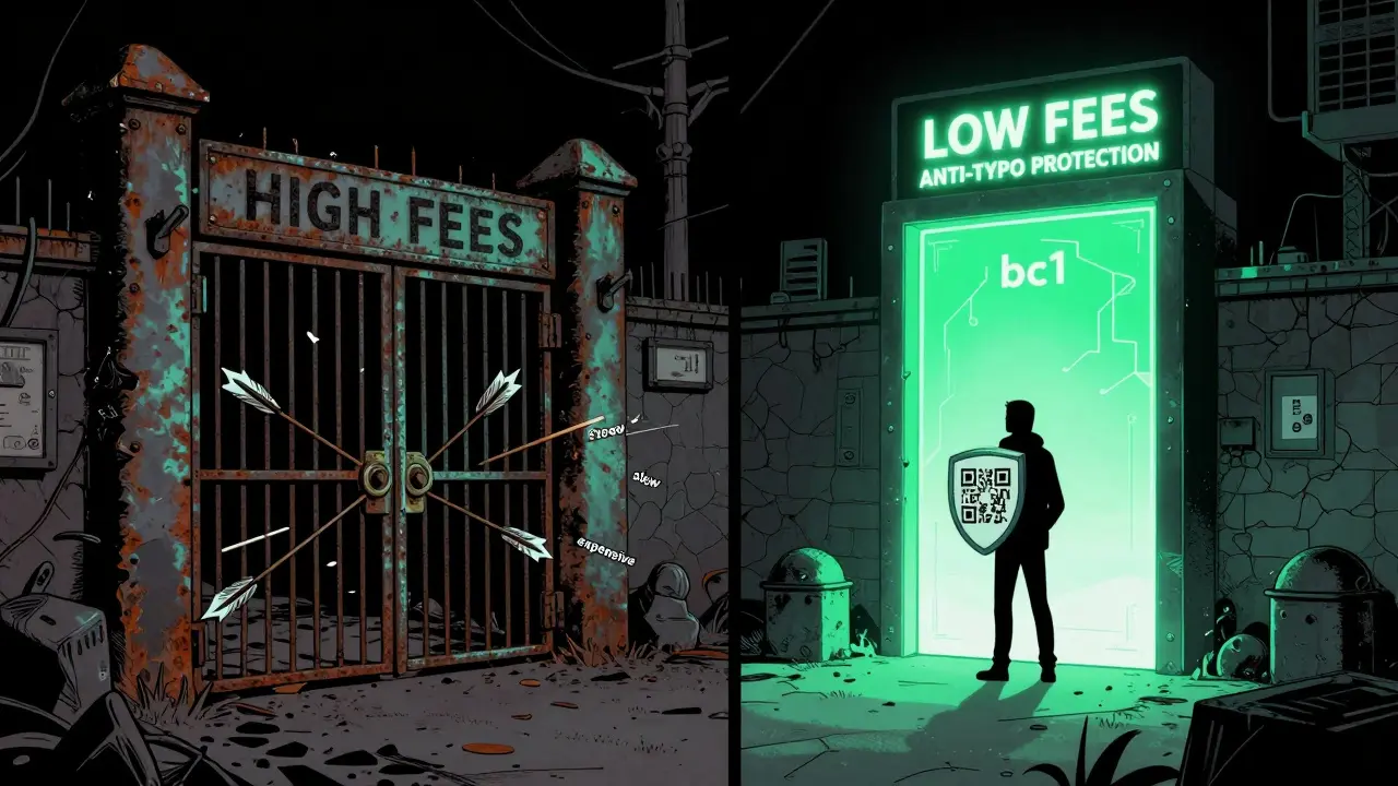 Сравнение устаревшего и современного форматов биткоин-адресов как противоборствующих ворот в стиле нуара.