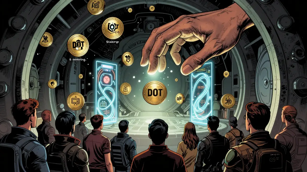 Токены DOT в невесомости с функциями стейкинга и управления, под светом Polkadot 2.0.