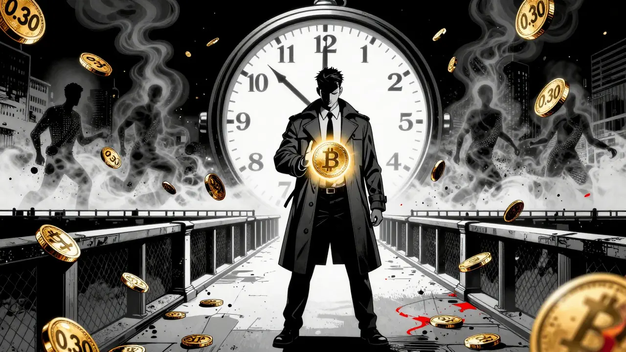 Трейдер держит BNB как спасение, а падающие токены уходят в бездну, 2025 на часах, стиль Sin City.