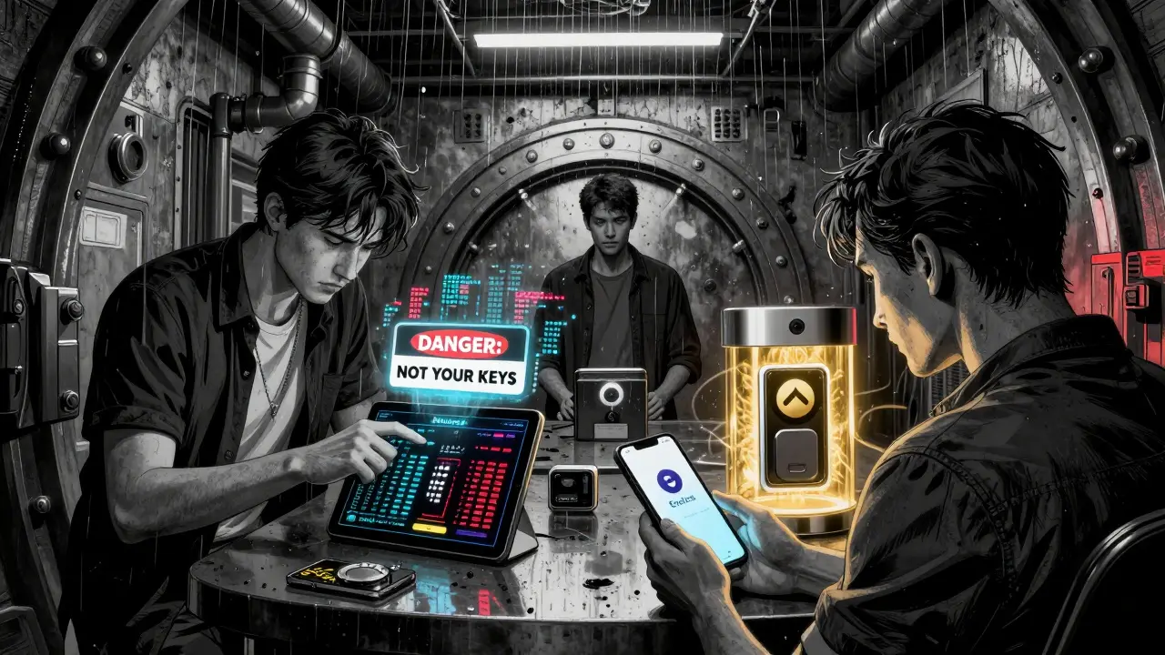 Три пользователя с разными кошельками в футуристическом хранилище, вокруг — видимые цепочки транзакций.