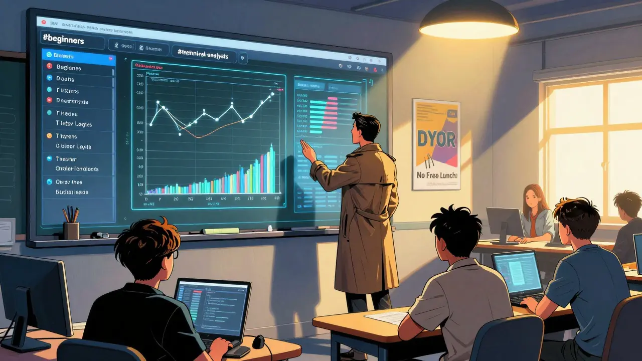 Учебный класс в Discord, где опытные трейдеры объясняют графики новичку в спокойной атмосфере.