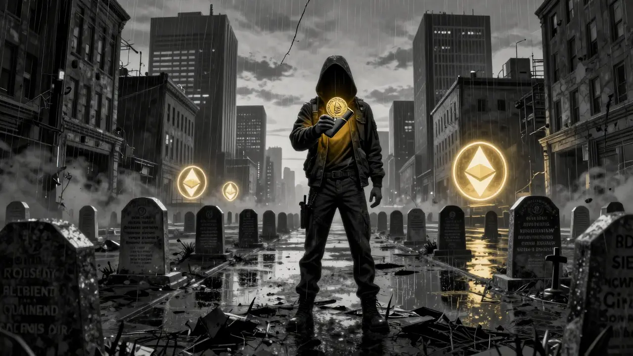 Выживший держит аппаратный кошелек в разрушенном мире, где погребены провалившиеся альткоины.