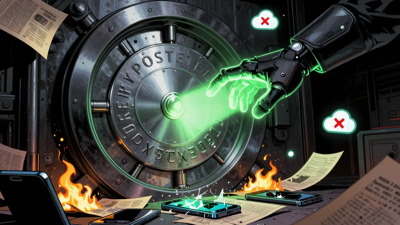 Защищённая металлическая seed-фраза в центре, вокруг — горящие телефоны и облака с крестами, луч света падает на пластину.