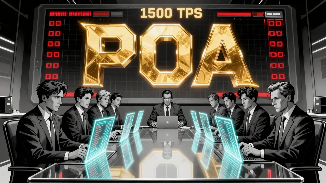 12 corporate validators in a boardroom, holographic transactions glowing, PoA scoreboard in gold.