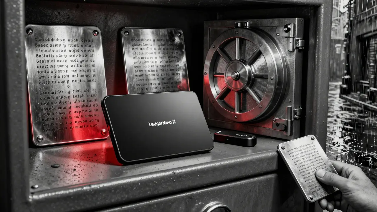 Аппаратные кошельки и три металлические копии seed-фразы хранятся в сейфе, банке и на улице.