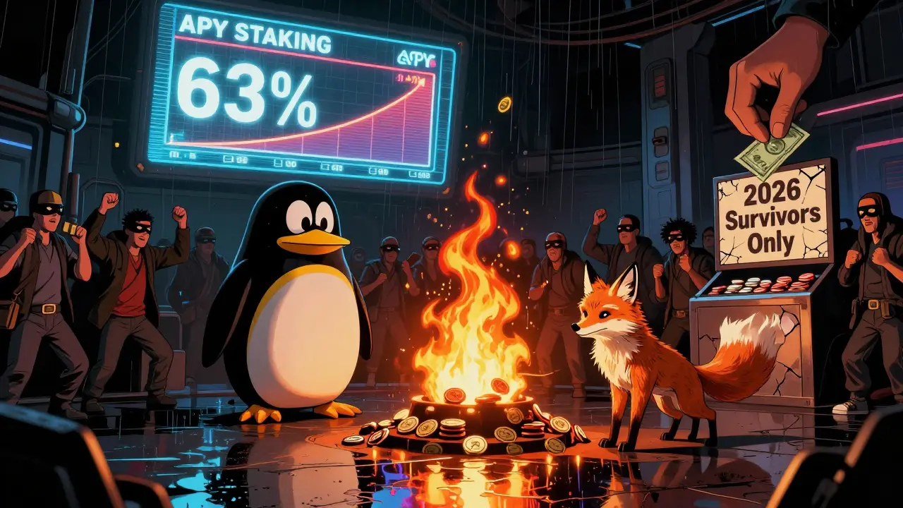 Арена с токенами, которые сжигаются, толпа трейдеров и надпись '2026 Survivors Only' в стиле ноара.