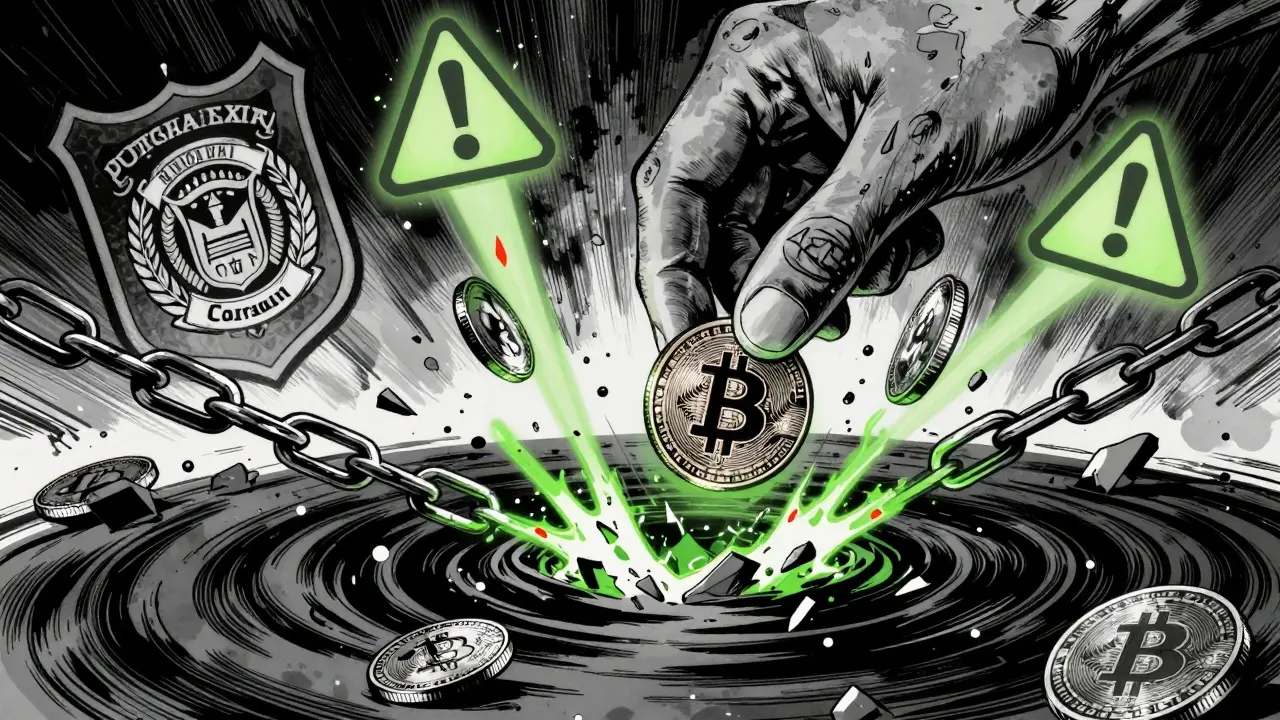 Биткоин падает в вихрь Tornado Cash, вокруг — разрушающиеся цепи и предупреждающие символы.