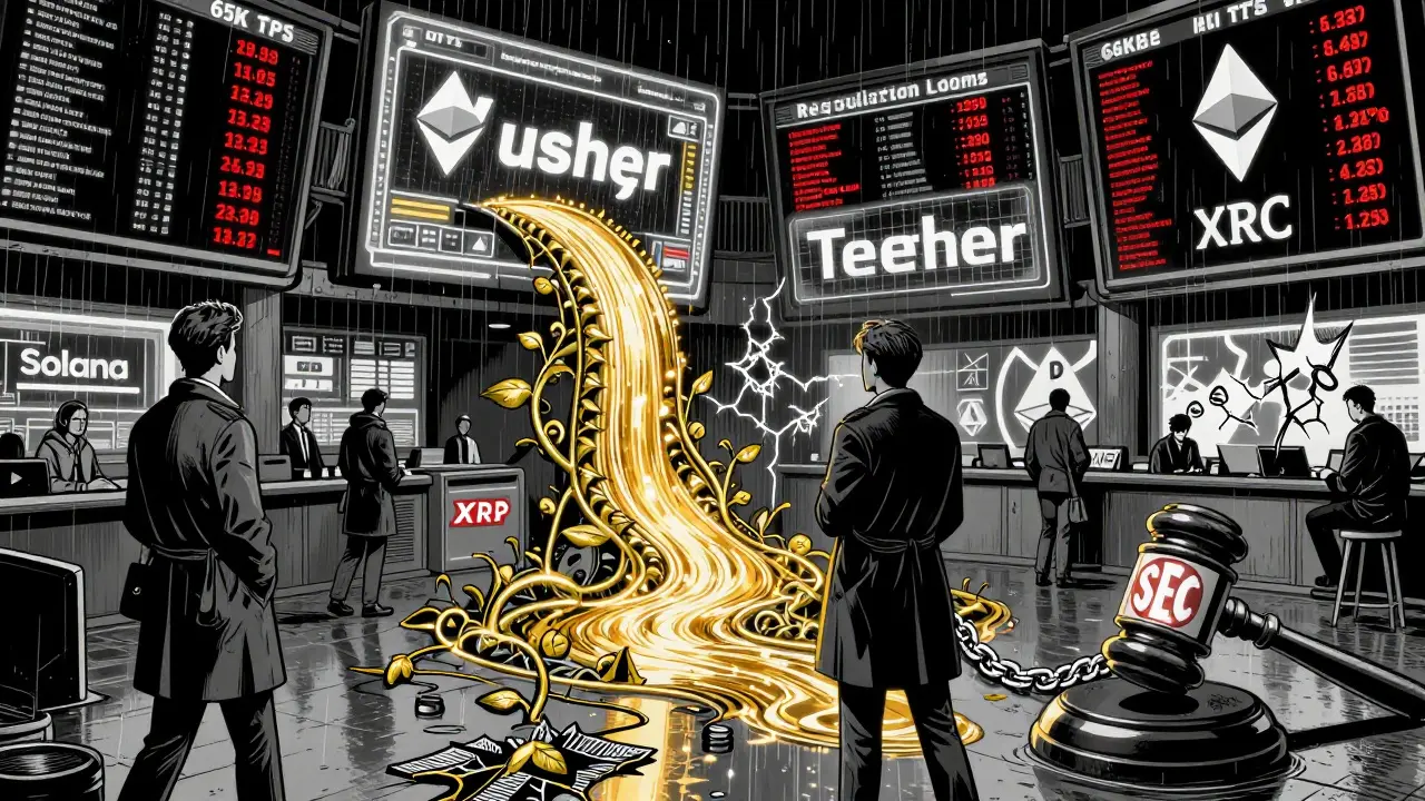 Цифровая биржа в Москве: USDT как река, Ethereum как сеть, Solana с трещинами, XRP в оковах суда.