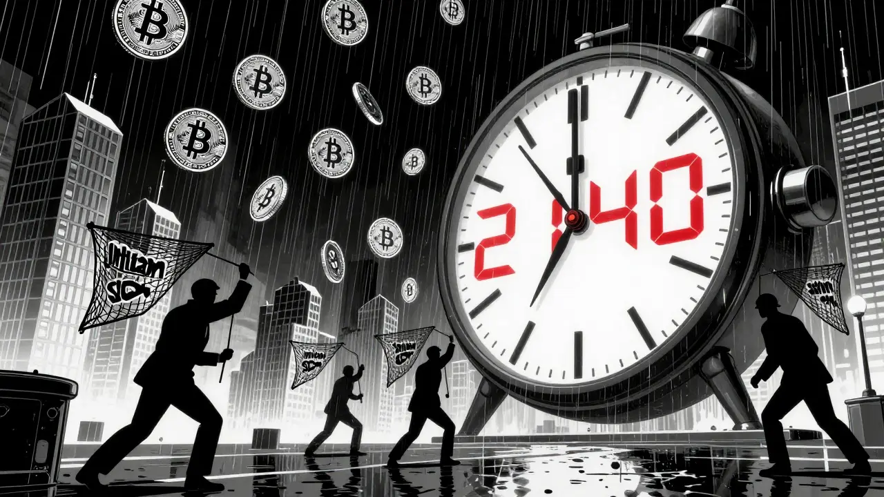 Цифровые часы 2140 года, монеты Биткоин падают как дождь, а фигуры в костюмах пытаются их поймать.