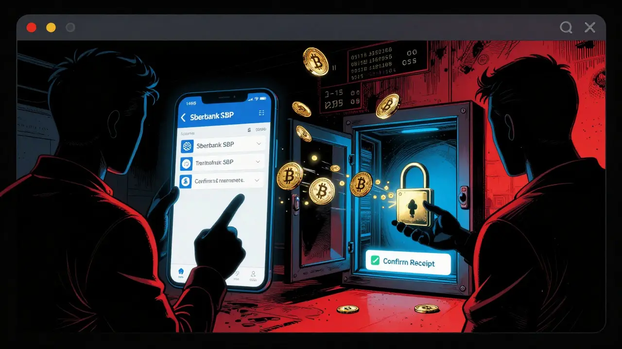 Два пользователя в чате: один отправляет скрин перевода, другой подтверждает получение — блокчейн-сейф открывается, выпуская криптовалюту.