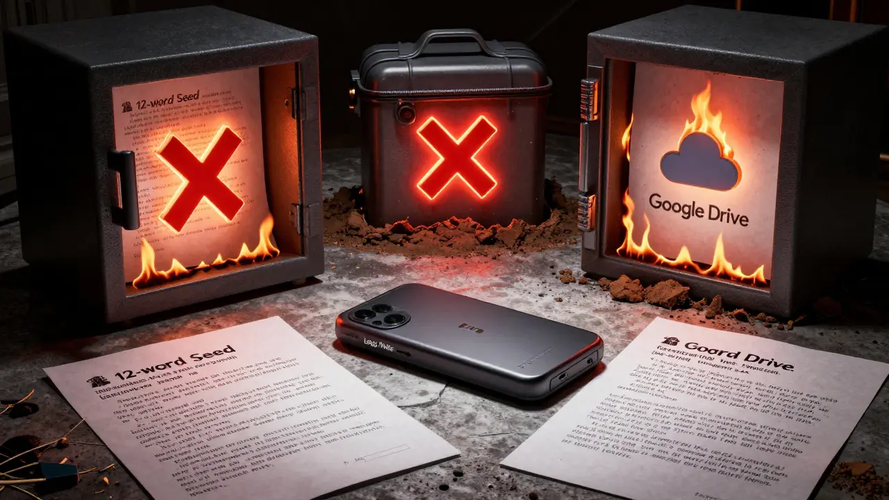 Физические копии сид-фразы хранятся в сейфе, ящике и банке, облако горит.
