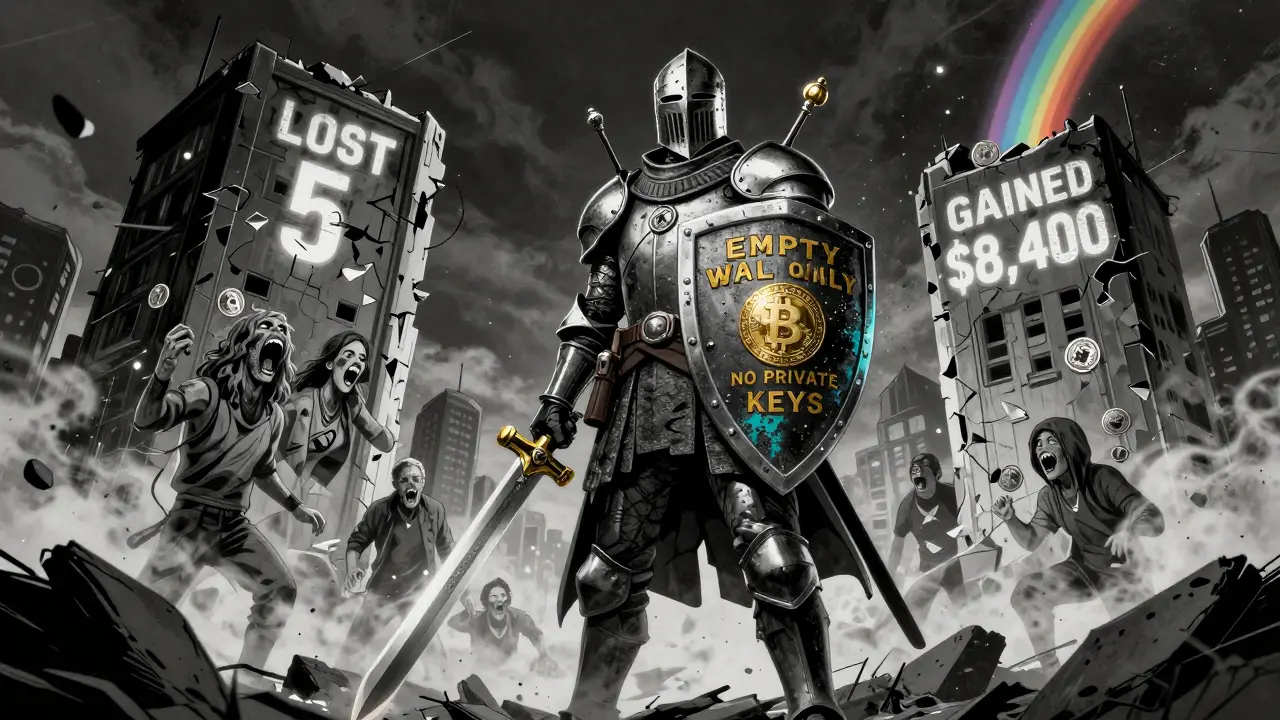 Геройский пустой кошелек как рыцарь в крипто-пустоши, защищающий от разрушенных башен потерь и роста.