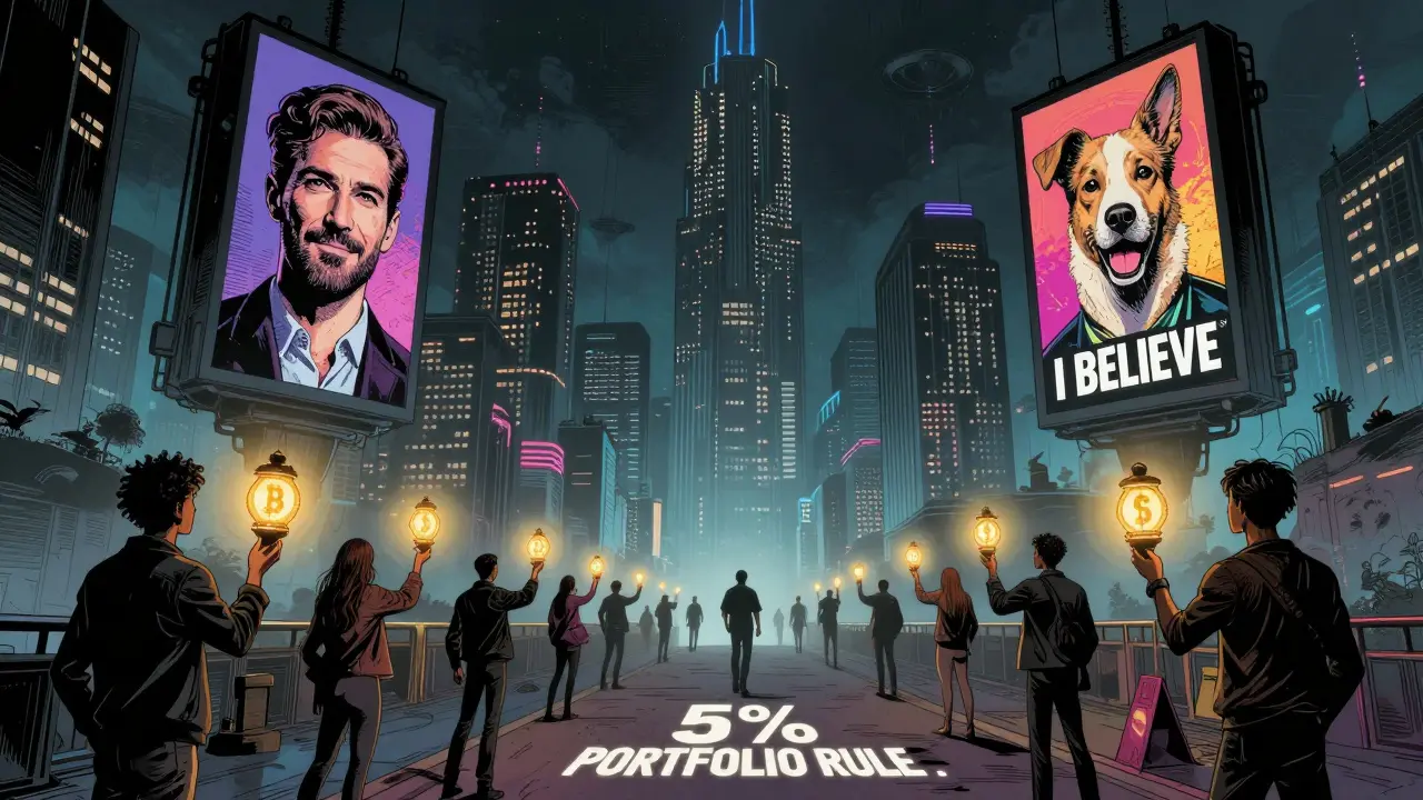 Город с гигантскими билбордами мем-коинов и людьми с фонарями-токенами.