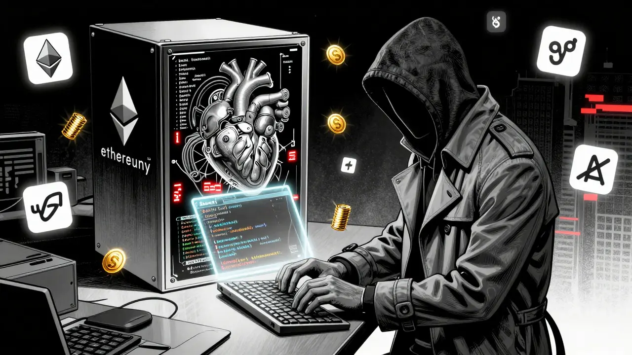 Хакер пишет код Solidity, а EVM обрабатывает транзакции — в стиле Sin City с золотыми газовыми комиссиями.