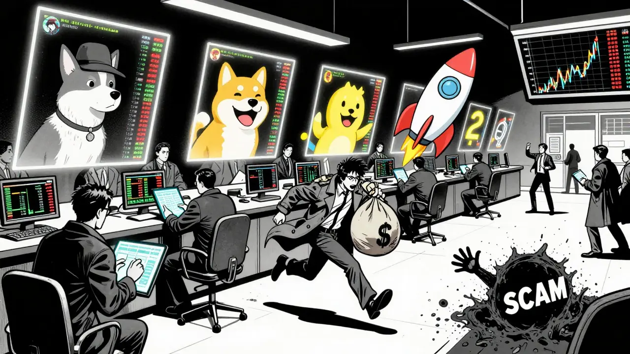 Хаотичная торговая площадка с голографическими мемами и трейдерами в плащах.