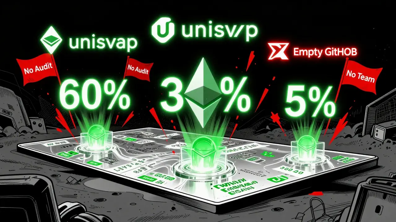 Интерфейс децентрализованной биржи с токенами, распределёнными между кошельками, красными флагами и пустым GitHub.