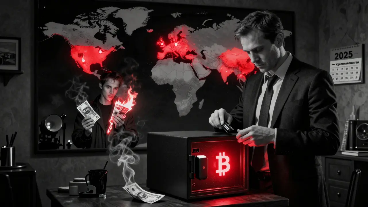 Инвестор вставляет холодный кошелёк в сейф, его отражение показывает сгорающие рубли.