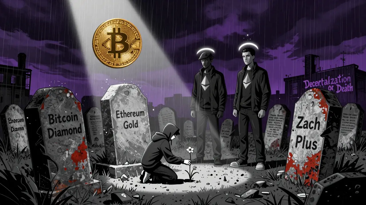 Кладбище забытых криптовалют, где выжили только Bitcoin Cash и Ethereum Classic под дождем в стиле Sin City.