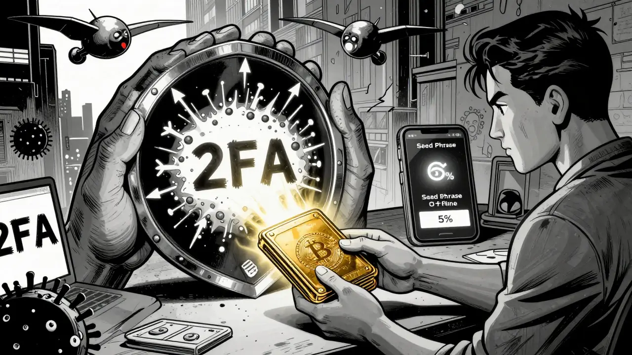 Криптоактивы распределены между холодным кошельком, горячим и биржей, защищенные 2FA.