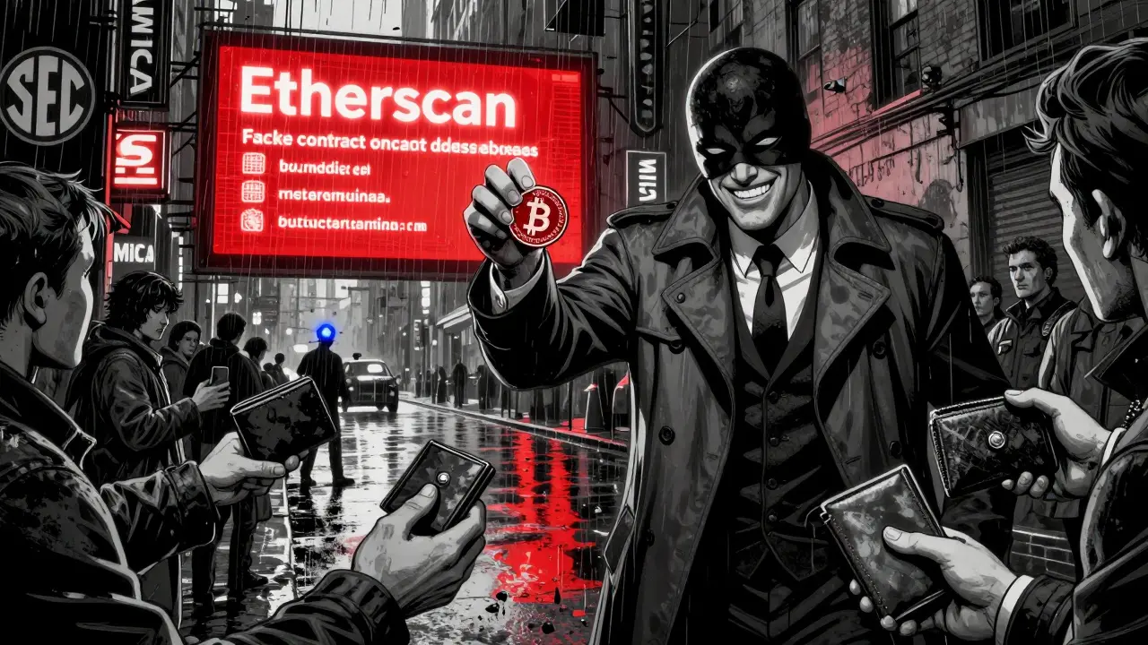 Мошенник в плаще раздает поддельные тикеры, пока за ним светится красный адрес в Etherscan.