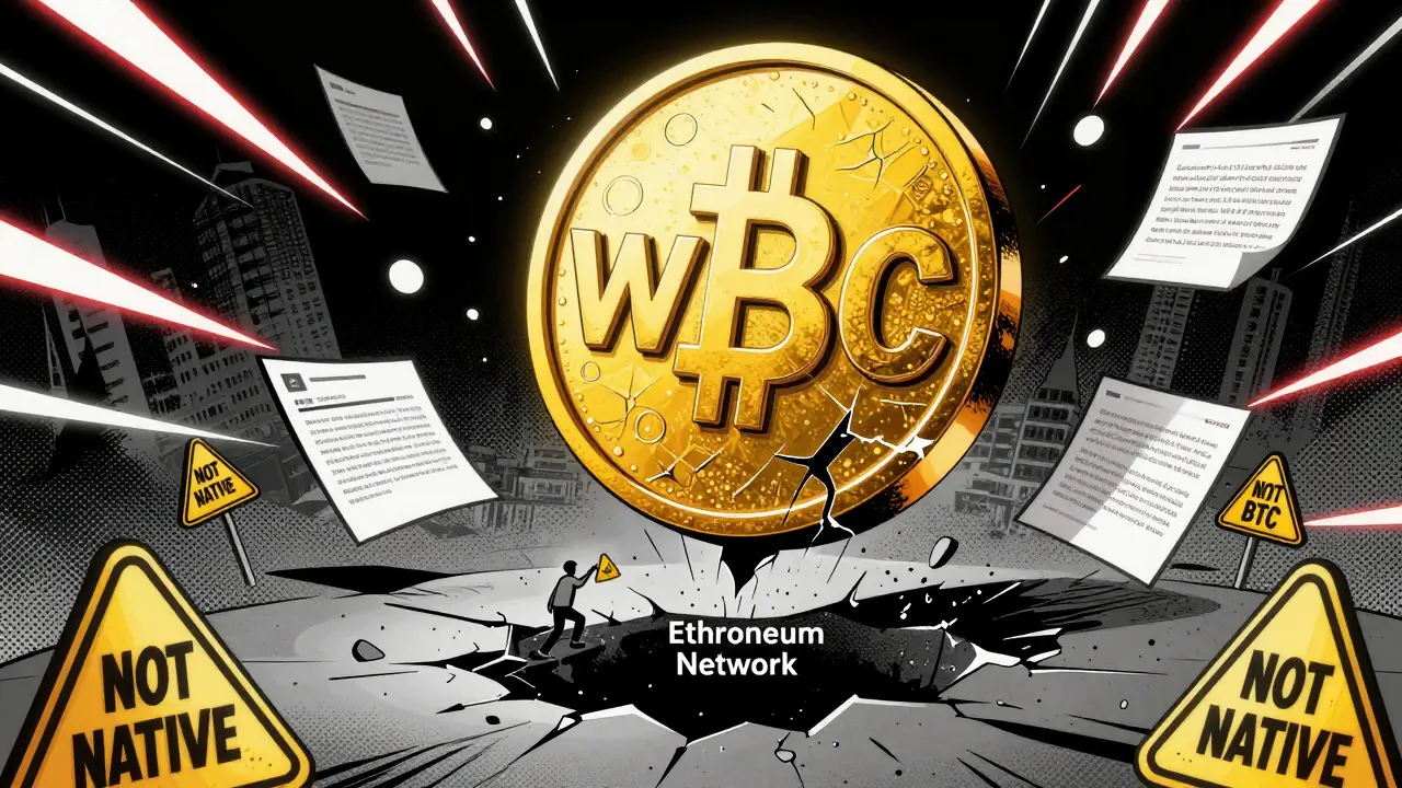 Обернутый BTC падает в черную дыру Ethereum, рядом — предупреждающие знаки и адреса контрактов.